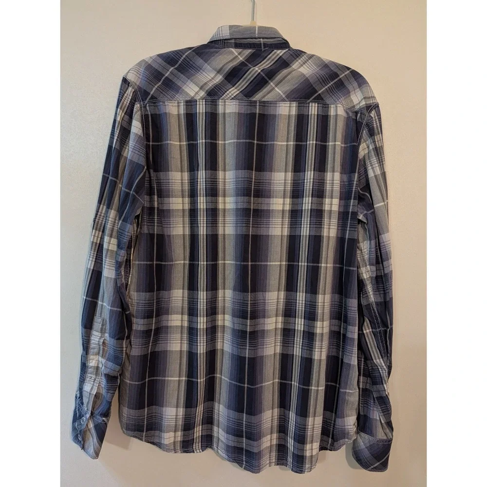 INC International Concepts Men Blue Plaid Snap Button Western Shirt Large Cotton